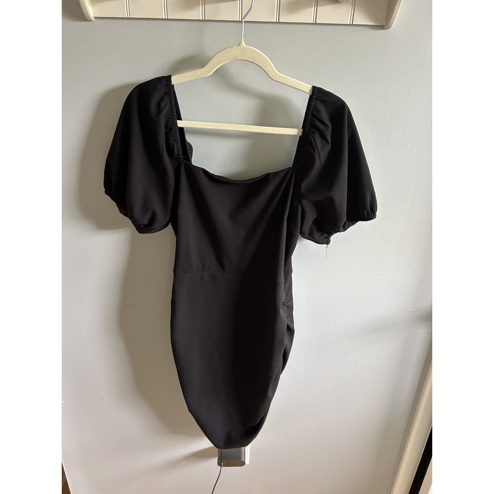 Lulus Black Puff Sleeve Bodycon Mini Dress Square Neck Ruched Side Size Large